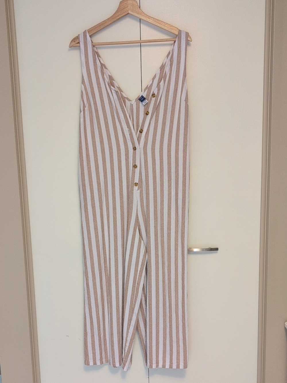 Striped Beige & White Sleeveless Maternity Jumpsuit